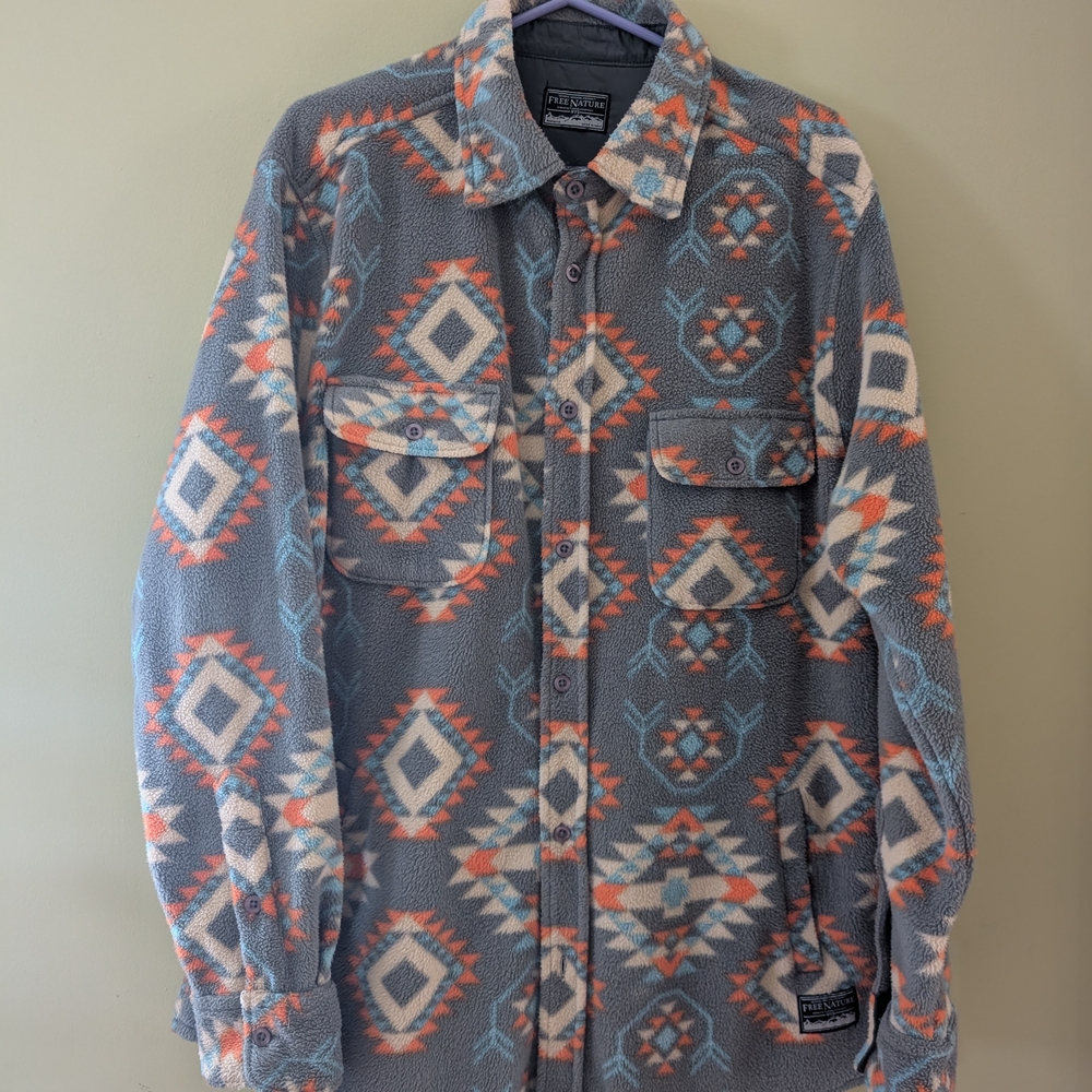 Lightweight Gray and Orange Shirt Jacket with Geometric Design